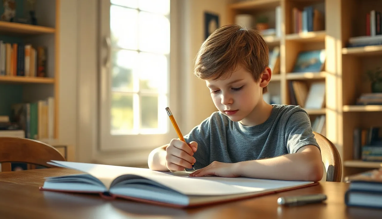 Preteen student practicing sight word reading at a sunlit kitchen table