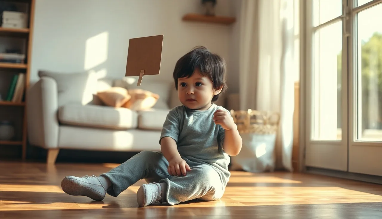 Young first grader examining a handwritten word card on a wooden floor