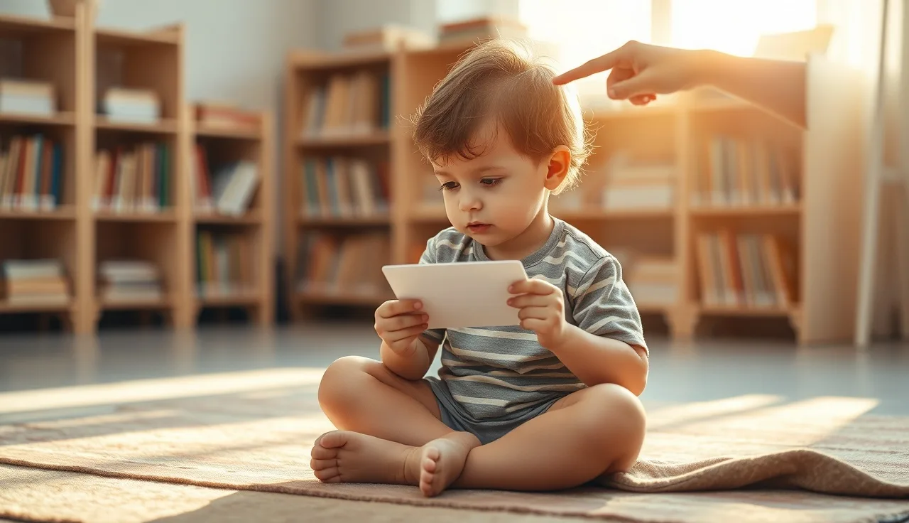 A kindergarten child holding a reading card while a teacher points at it