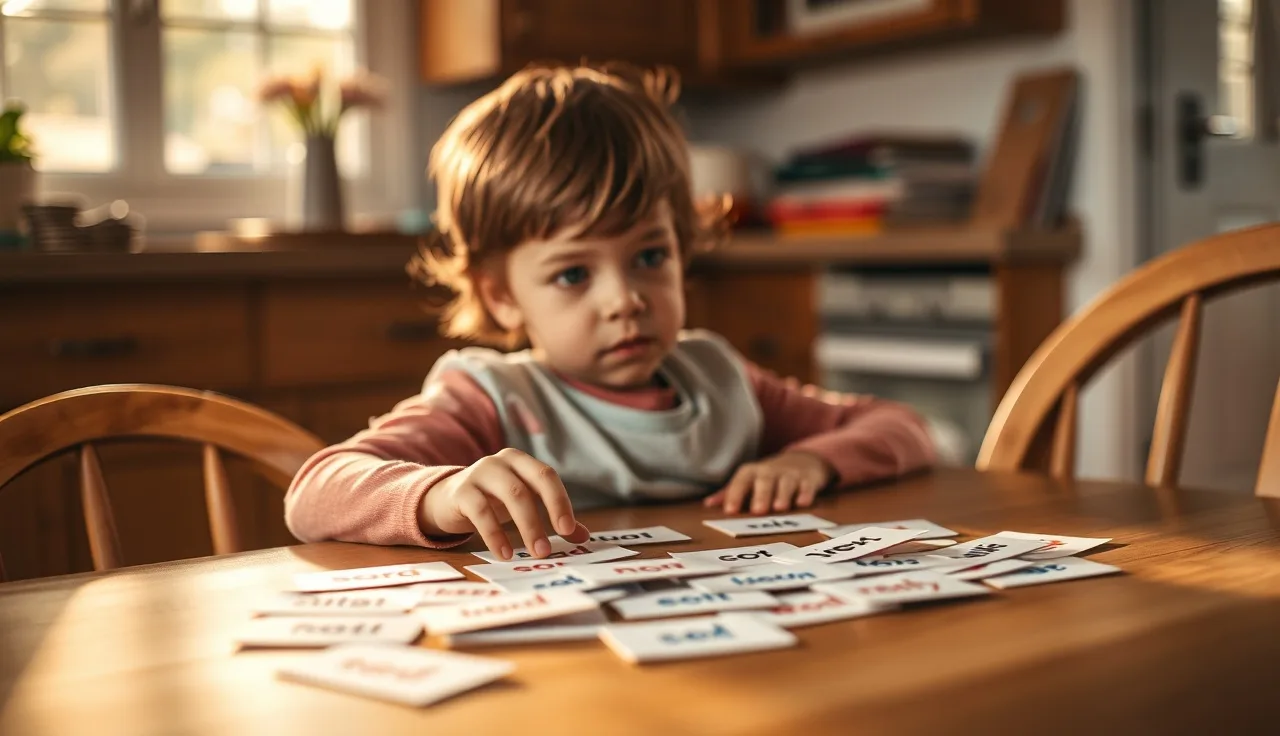 Young child practicing sight word cards at a home kitchen table in morning light