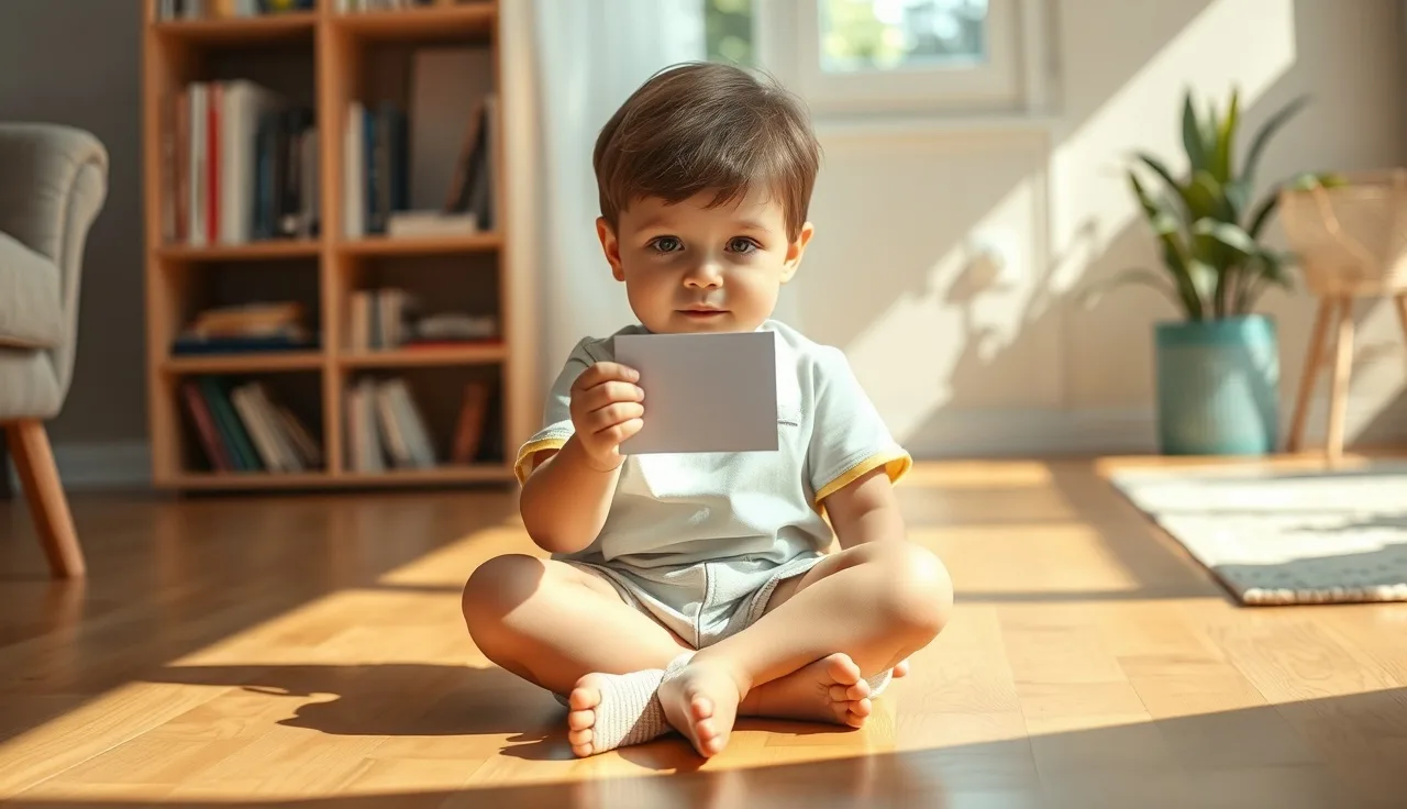 Young child reading a small word card on a sunny living room floor