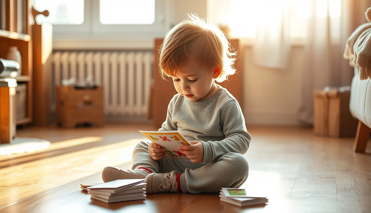 Young child examining a picture word card on a sunlit wooden floor