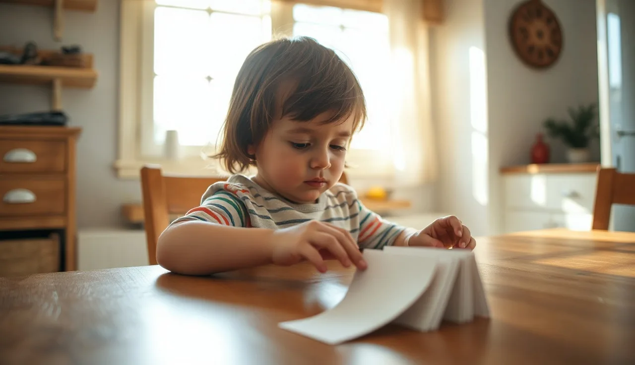 Young child arranging paper word cards on a wooden table in morning light