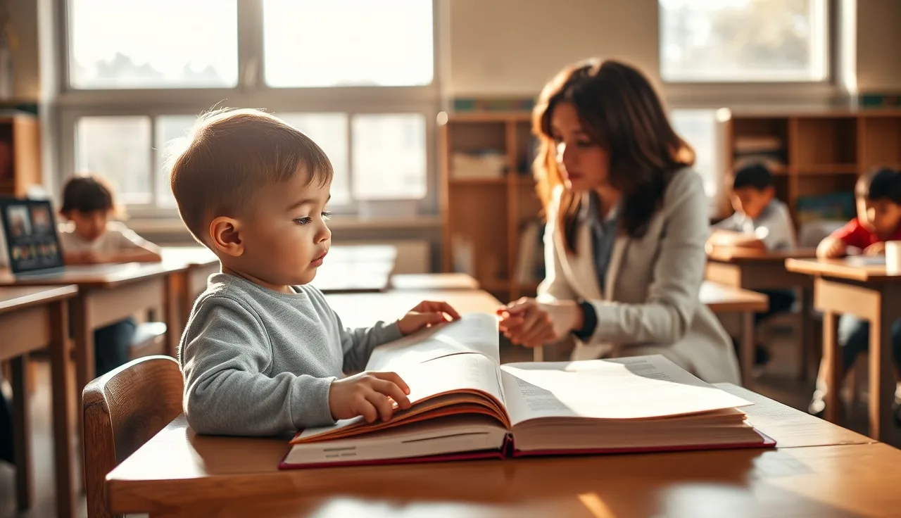 Child and teacher working together on reading at a classroom desk