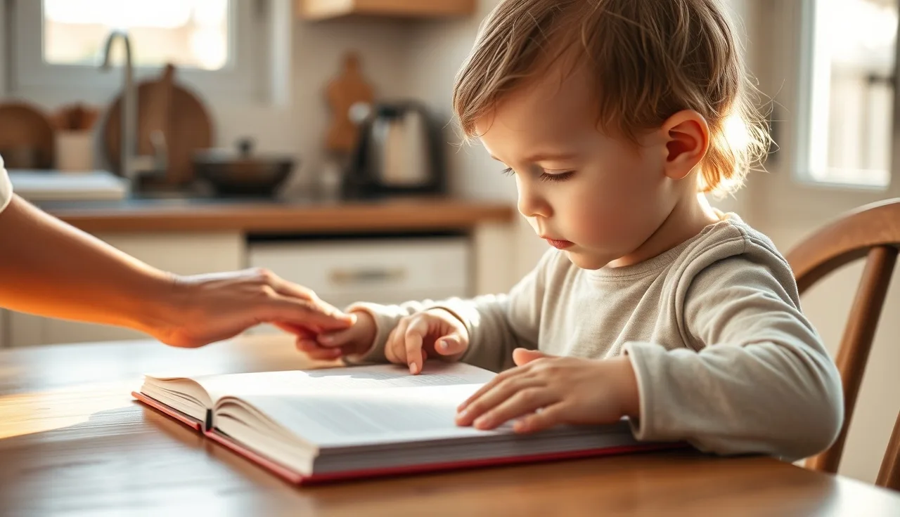 Child concentrating while reading at a kitchen table with a parent nearby