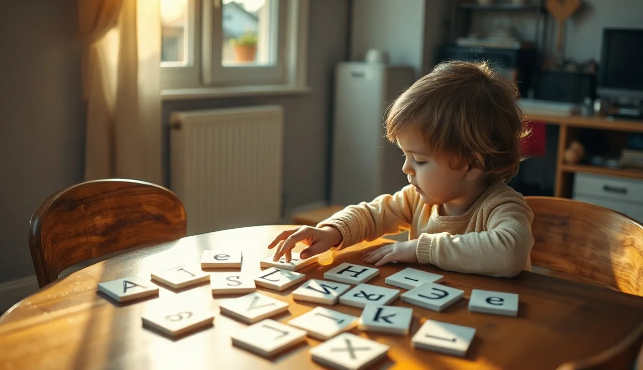 Young child pointing at letter-sound cards while practicing phonics at home
