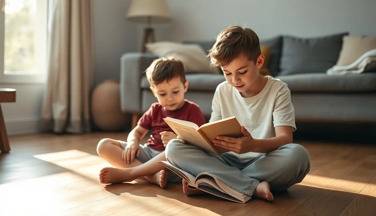 Child and parent reading a small decodable book together on a sunlit floor