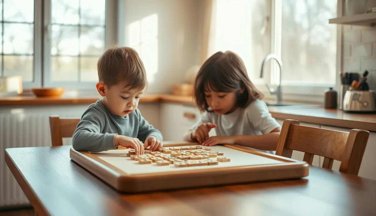 Child and parent practicing letter sounds together at a kitchen table