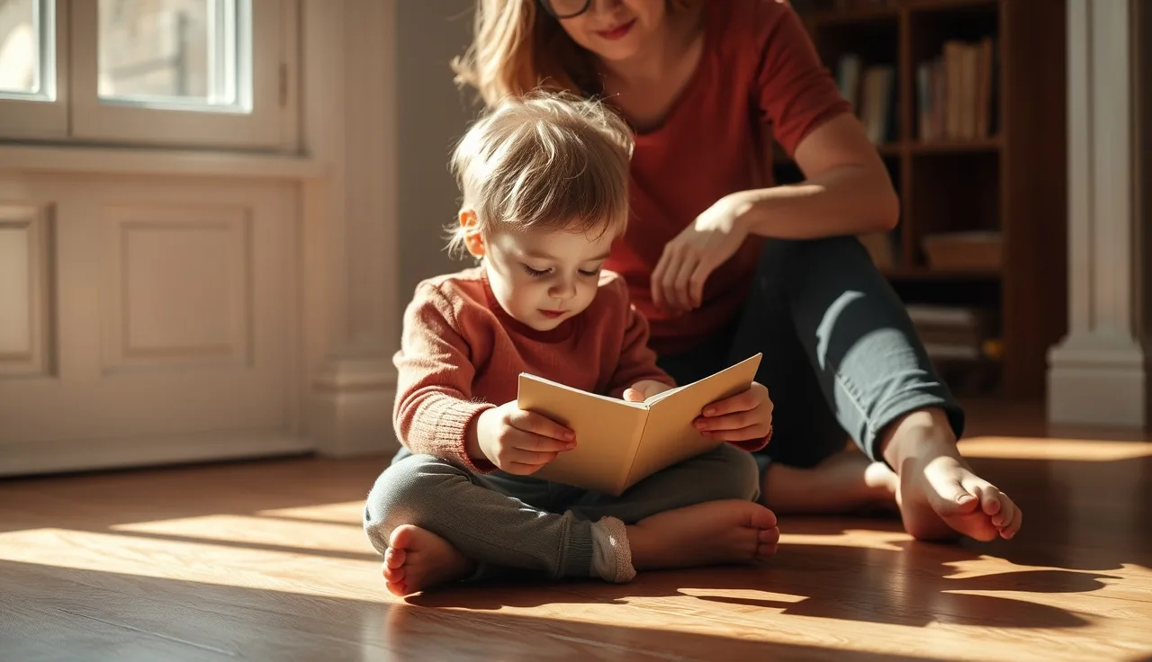 Child and parent reading a small folded decodable booklet together on a sunny floor
