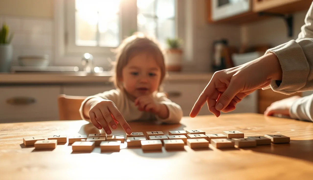 Child and parent arranging letter tiles together to practice syllable patterns at home