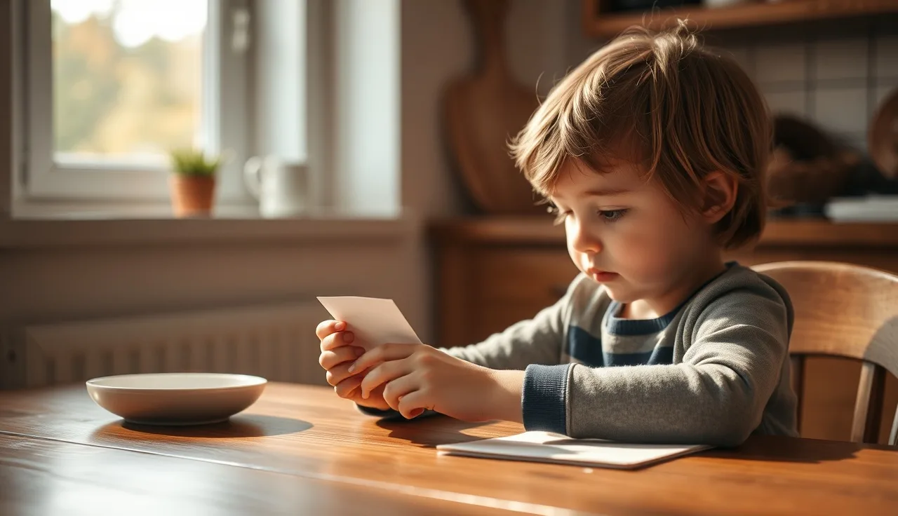 Young child examining a paper flash card at a kitchen table in morning light