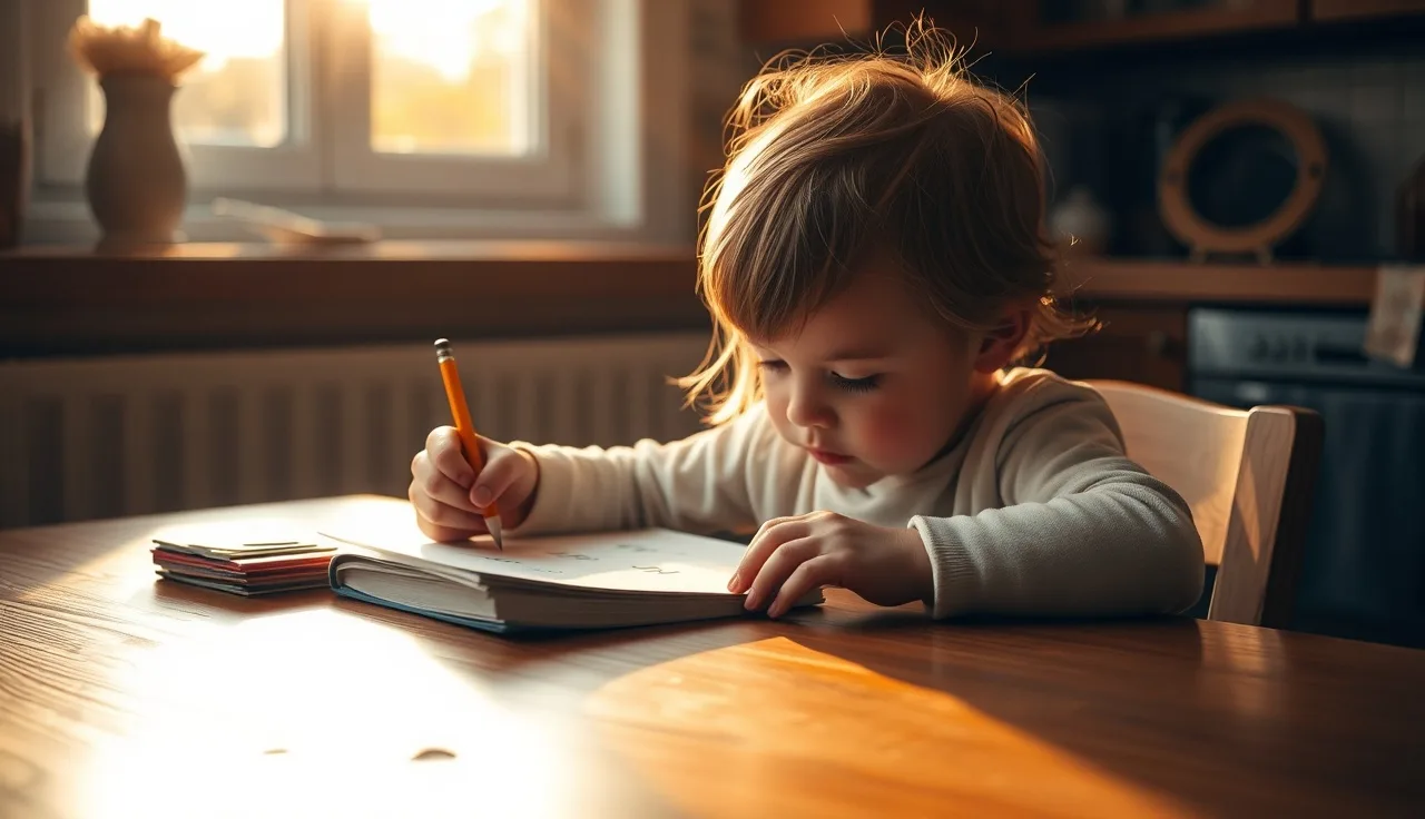 Young child tracing letters on paper at a sunlit kitchen table learning phonics