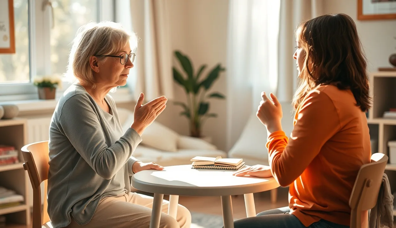 Speech therapist and young child practicing hand cues for speech sounds at a therapy table
