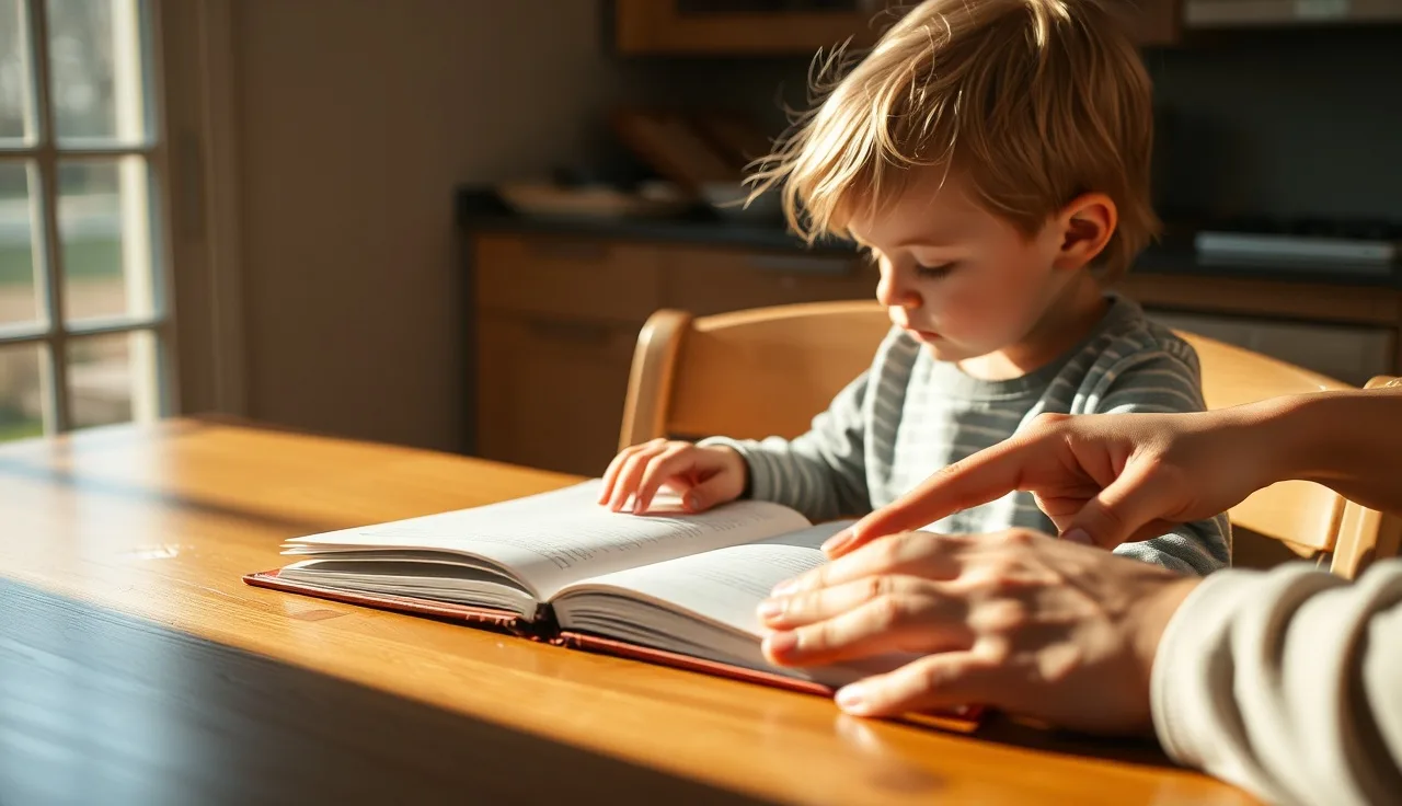 Child and adult working through a reading workbook at a kitchen table