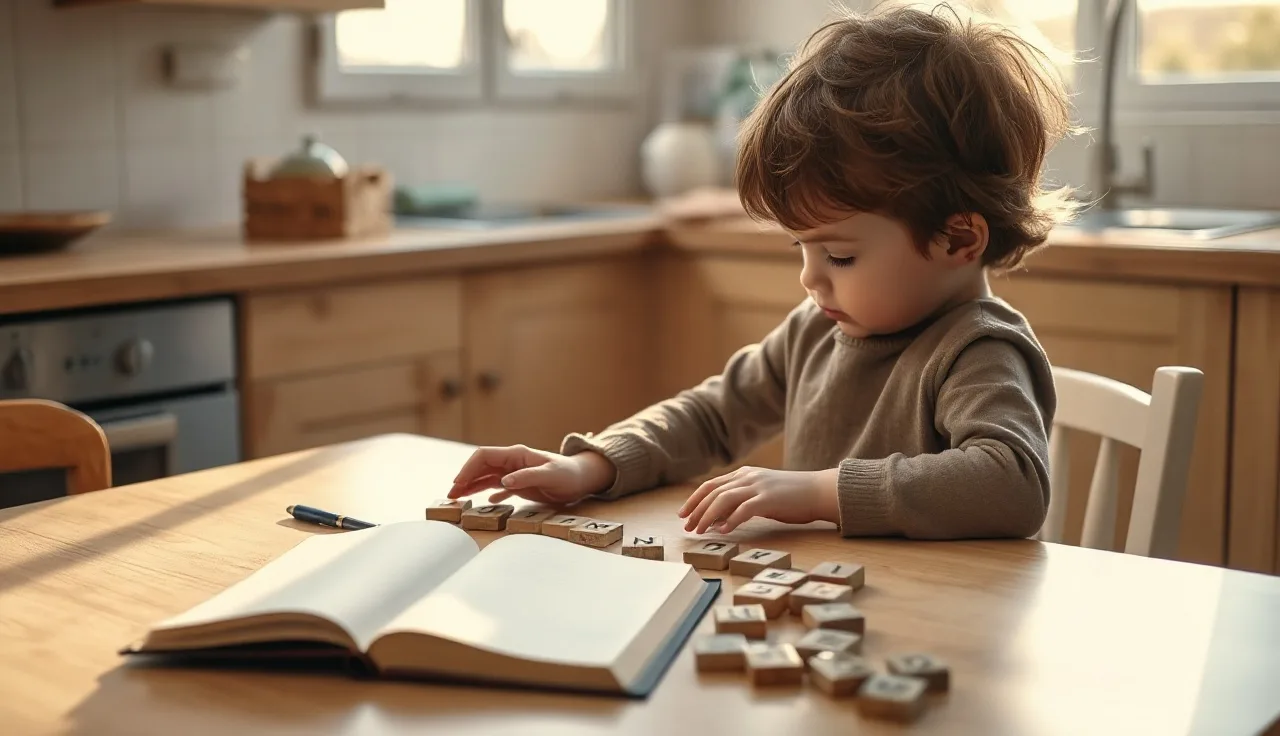 Young child arranging wooden letter tiles on a kitchen table while learning phonics