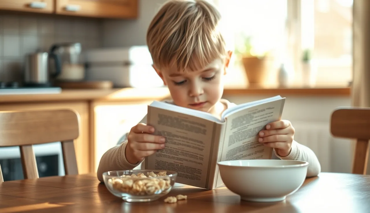 Young child reading a small book at a kitchen table in morning light