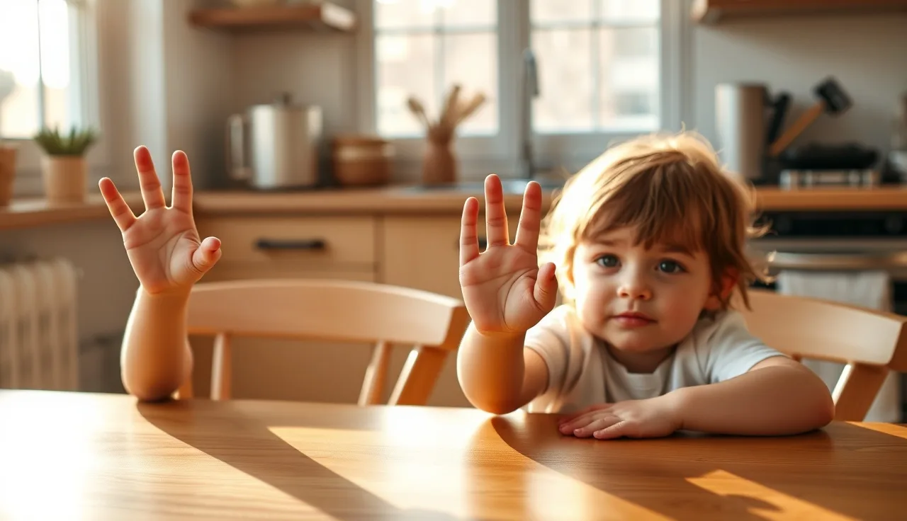 Parent and child sitting at kitchen table practicing finger-tapping sounds together