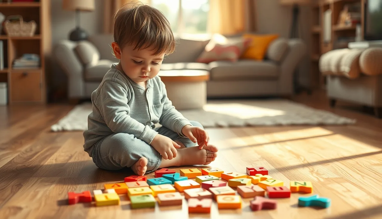 Young child arranging letter tiles on a table while learning letter sounds