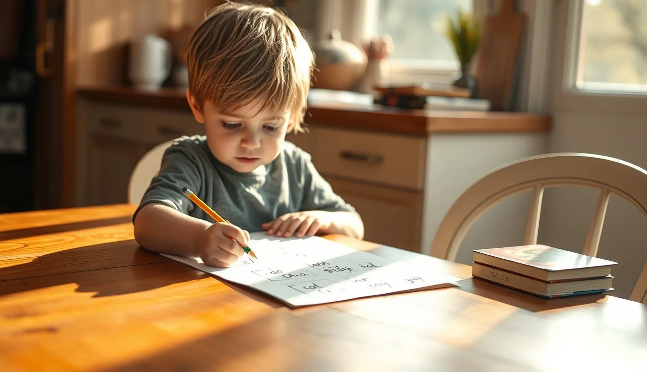 Child at kitchen table concentrating on a spelling worksheet with a pencil