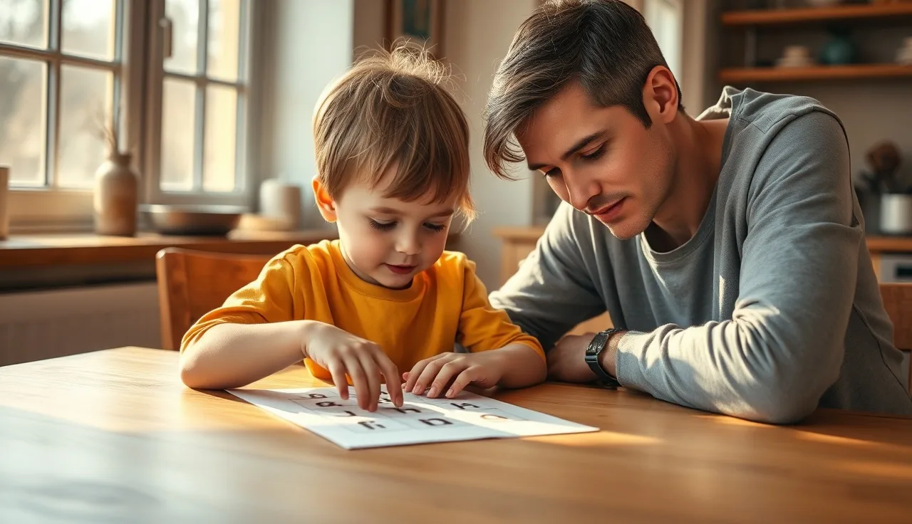Parent and young child working together on reading practice at kitchen table