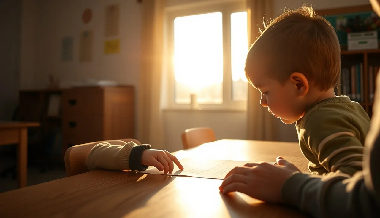 Young child pointing at letters on paper in a sunlit classroom with adult nearby
