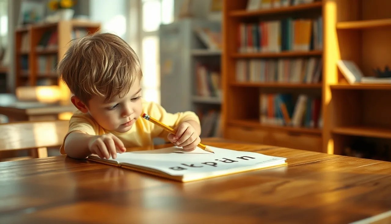 Child tracing letters at a classroom table during early phonics instruction
