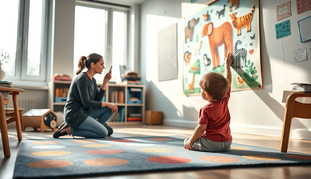 Young child pointing at animal alphabet poster during phonics lesson in sunlit classroom