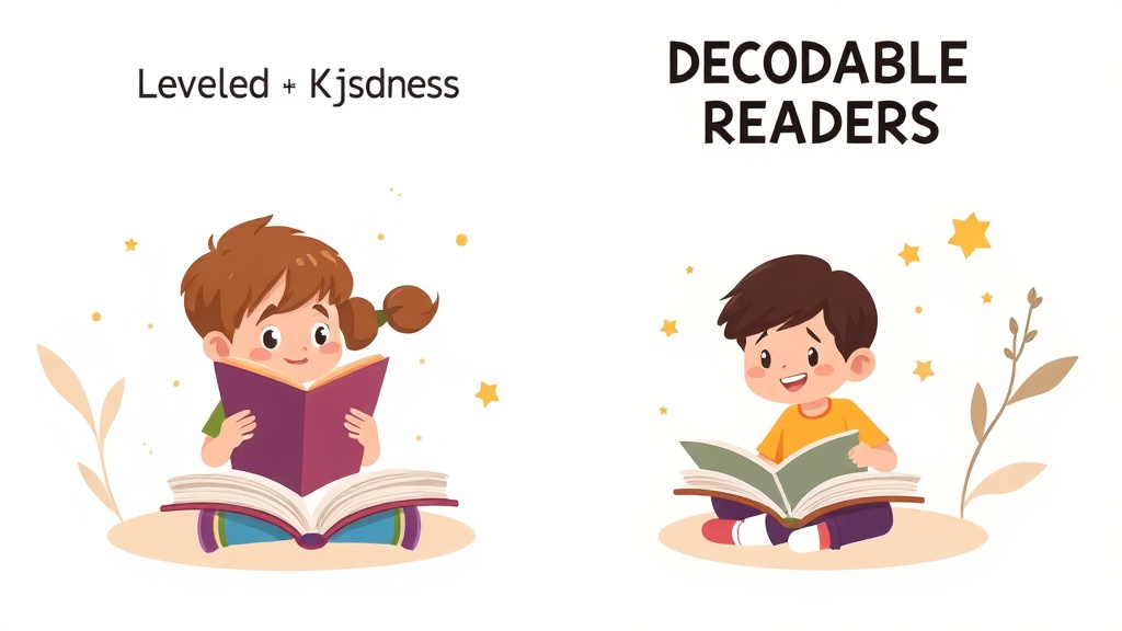 Illustration showing key concepts related to leveled readers vs decodable readers