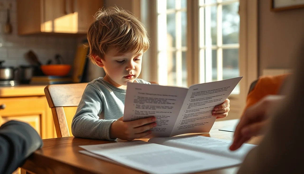 Young child reading a short passage aloud at a kitchen table with sunlight