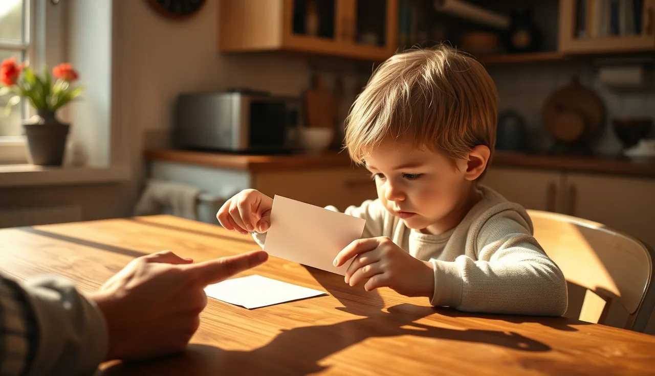 Young child at kitchen table practicing sight word reading with an adult