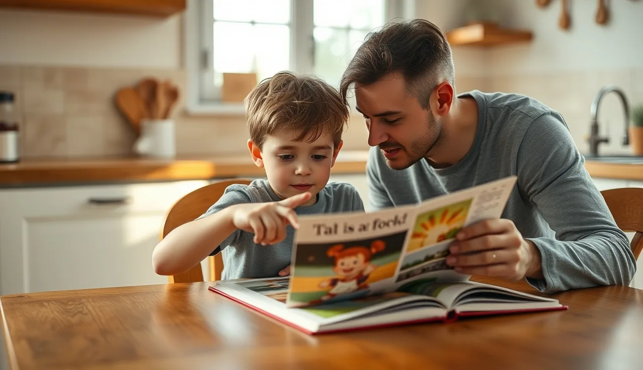 Child and adult reading together at a kitchen table in warm afternoon light