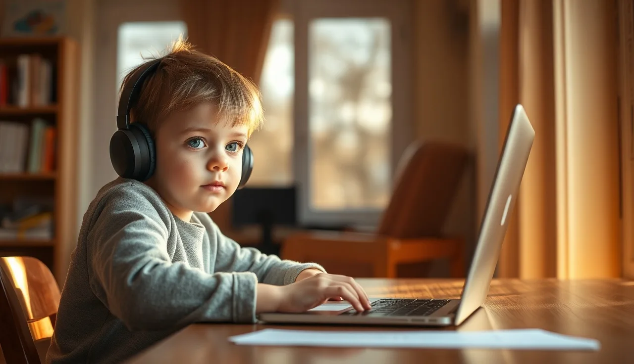 Young child wearing headphones using a laptop for reading fluency practice at home