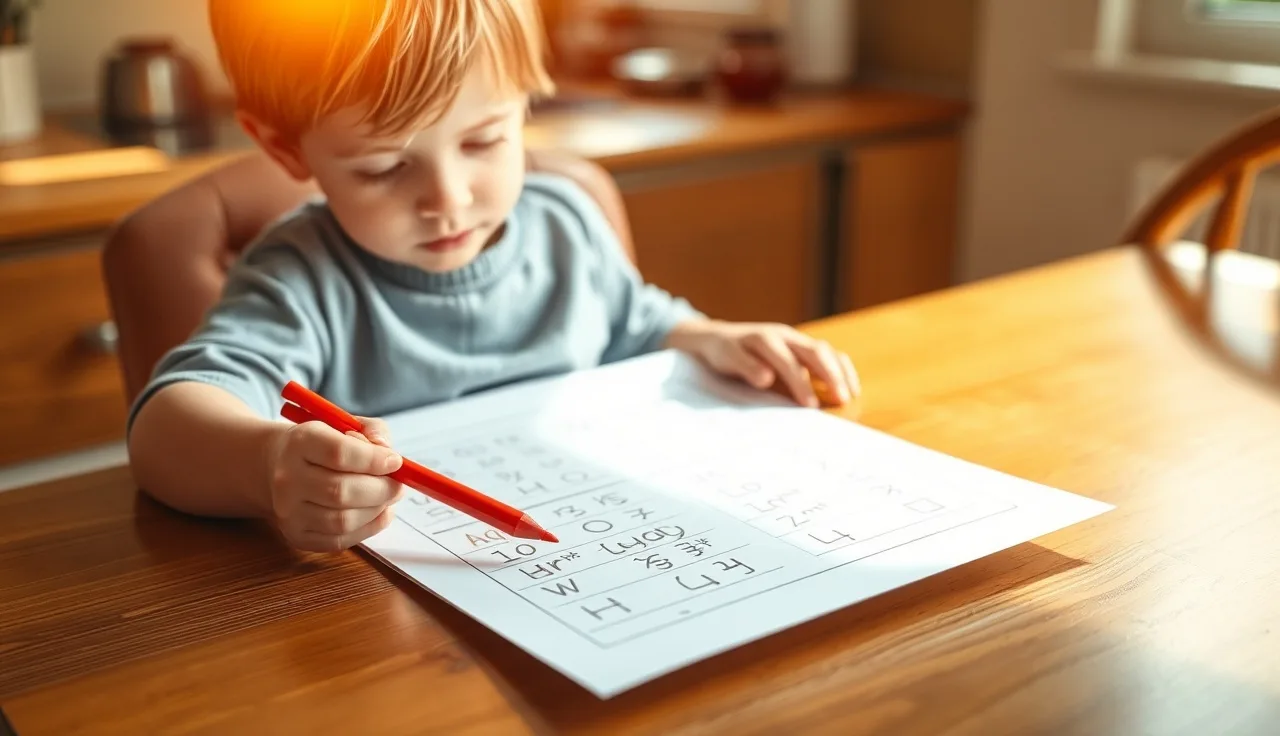 Young child coloring a sight word worksheet at a sunny kitchen table