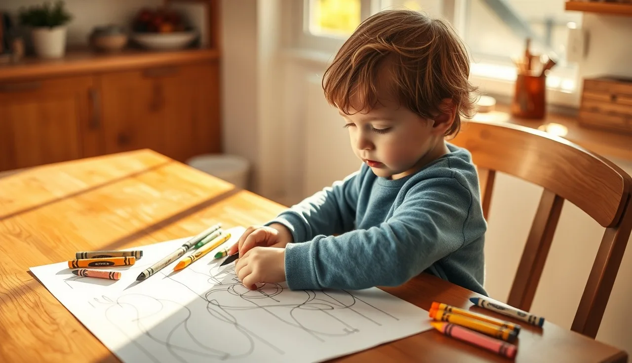 Young child colouring a sight word activity sheet at a kitchen table