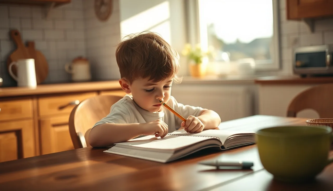 Young child writing sight words in a paper workbook at a sunny kitchen table