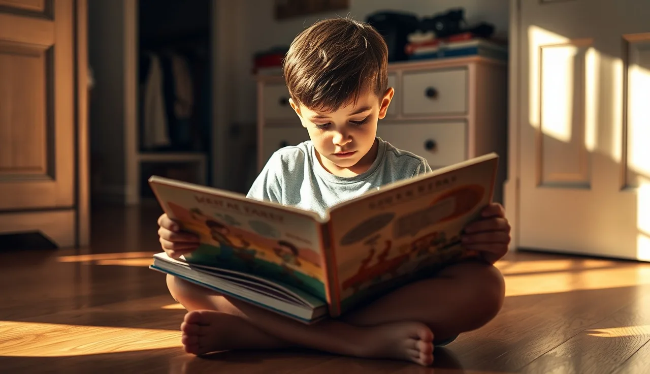 Child reading an illustrated book on a bedroom floor in afternoon light