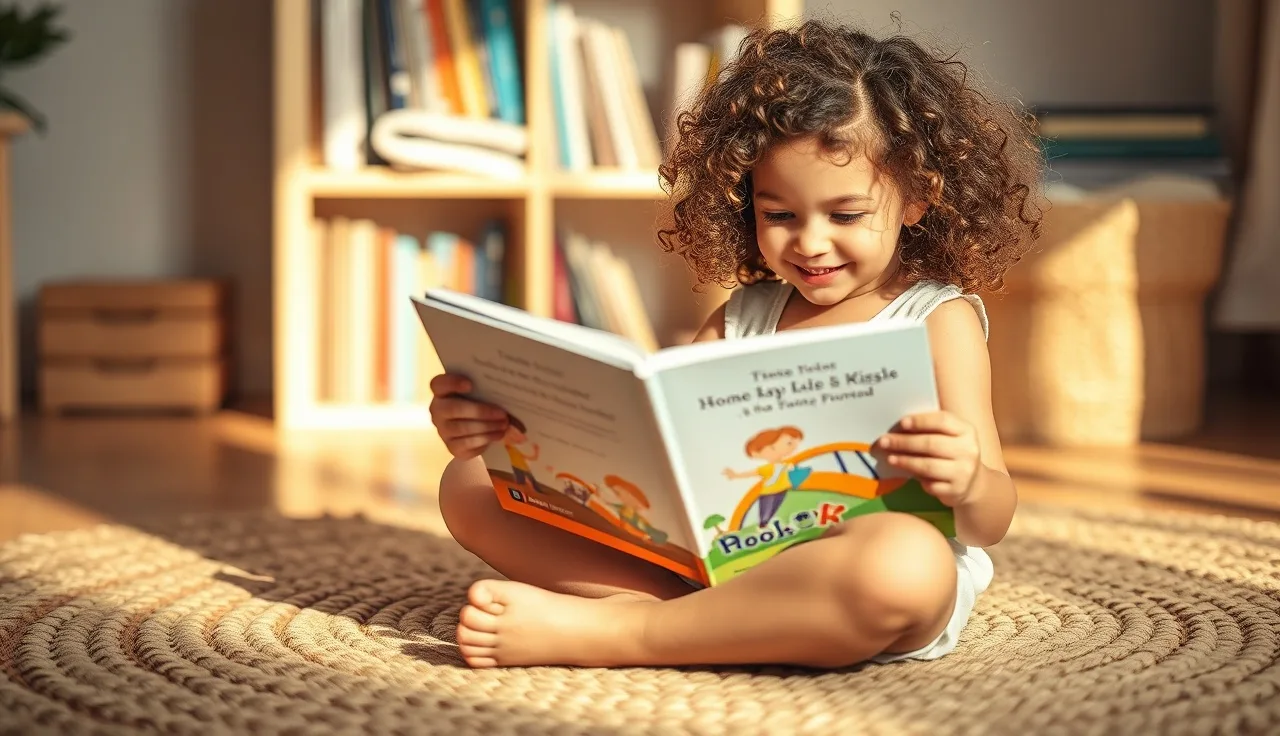 Young girl reading a picture book on a rug with afternoon light, looking confident