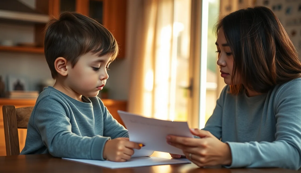 Child reading aloud to parent who tracks fluency scores at kitchen table