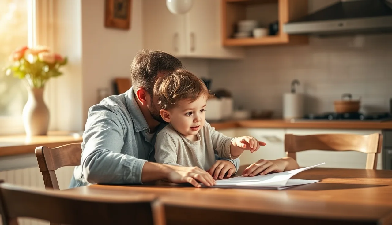 Parent and child sitting at kitchen table practicing reading together in warm light
