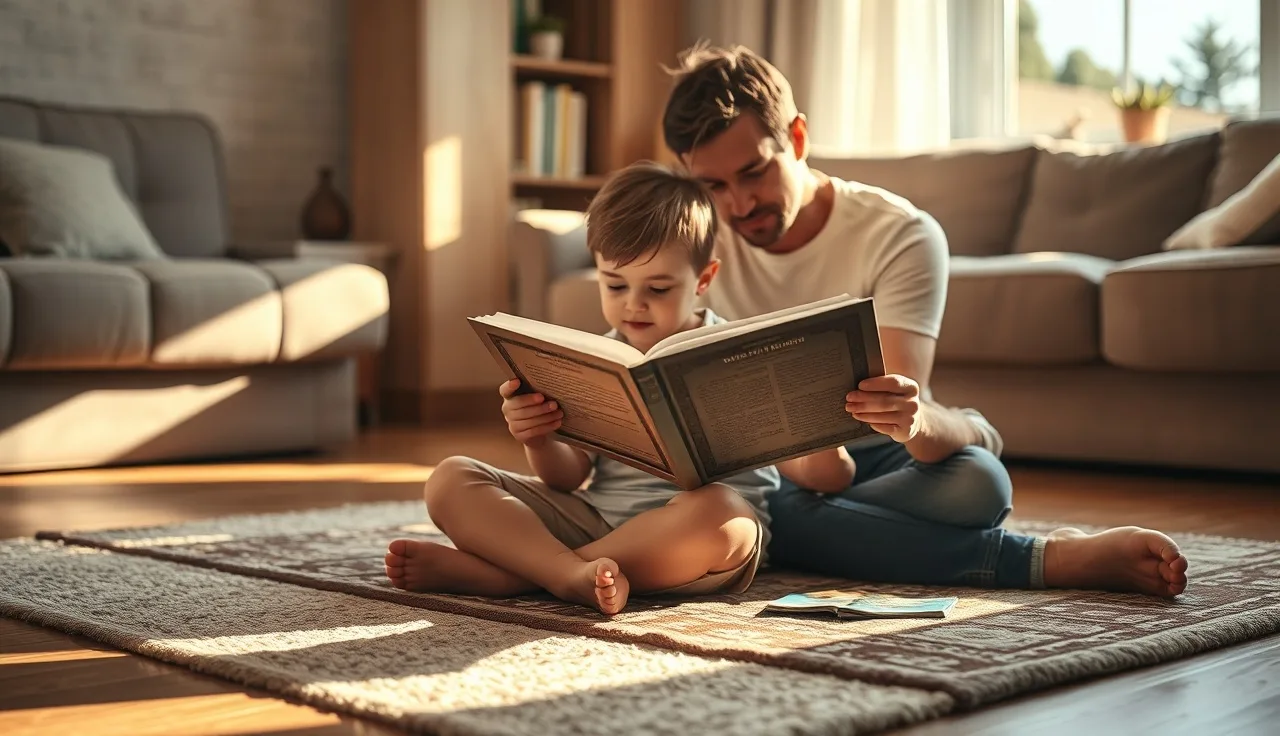 Child reading aloud from a book on a rug while a parent listens