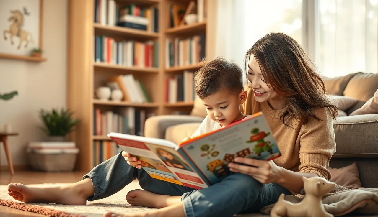 Parent and child reading together on floor in warm afternoon light