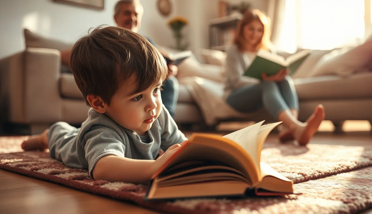 Child reading on living room rug beside a parent, warm afternoon light