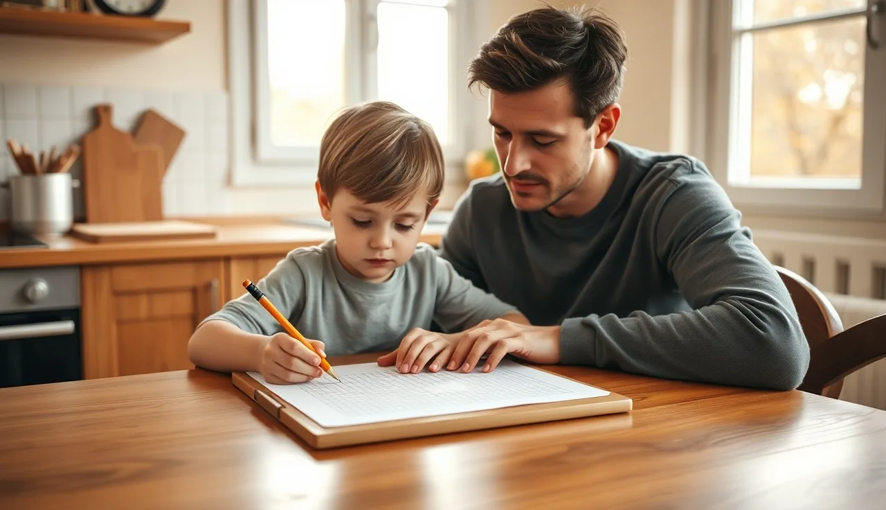 Parent and child recording reading progress on a handwritten chart at a kitchen table