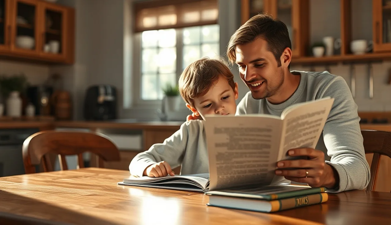Child reading aloud from a page at a kitchen table with parent listening