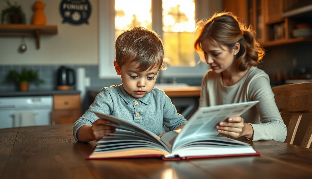 Child reading aloud at a kitchen table while a parent listens attentively