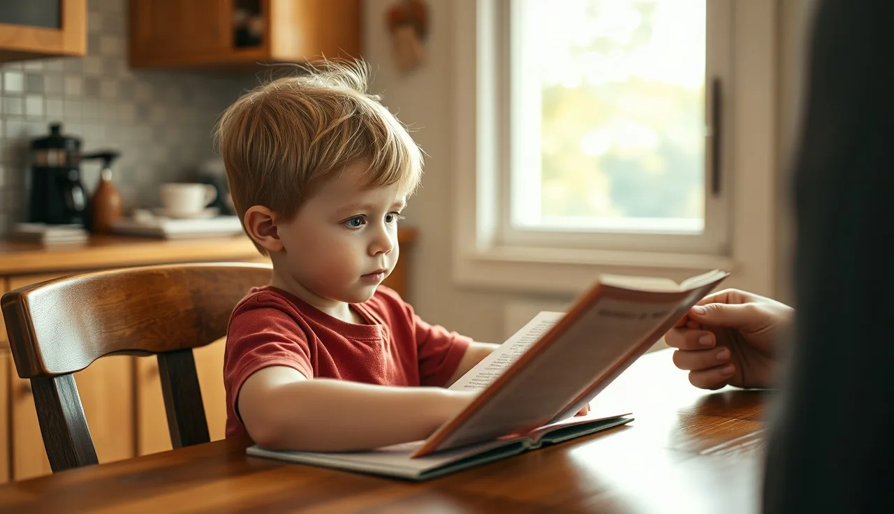 Child reading a paragraph aloud at a kitchen table during fluency practice