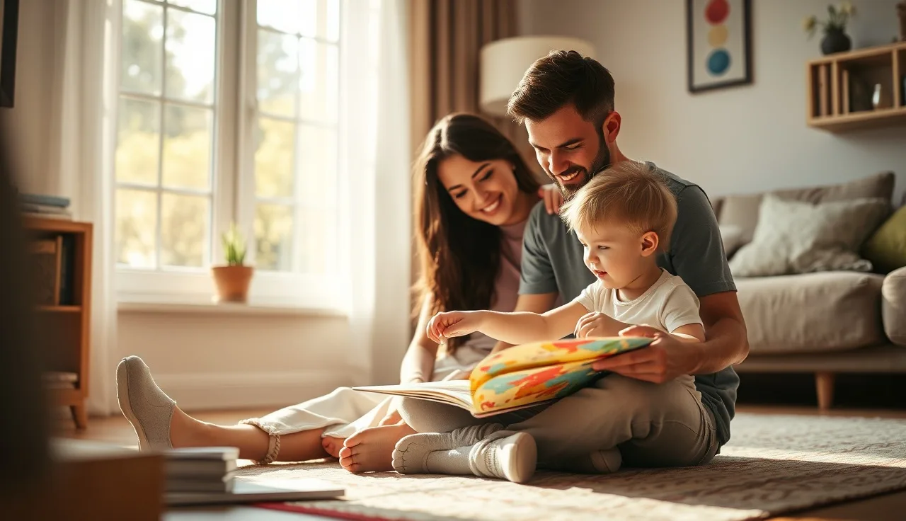 Parent and child reading together on a sunlit living room floor