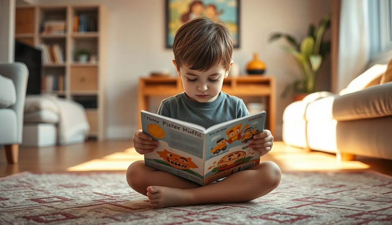 Young child reading a picture book alone on a colorful rug in sunlight