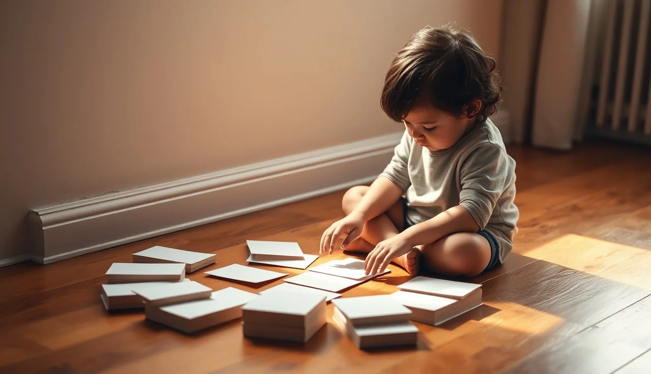 Young child on wooden floor reaching toward paper word cards in morning light