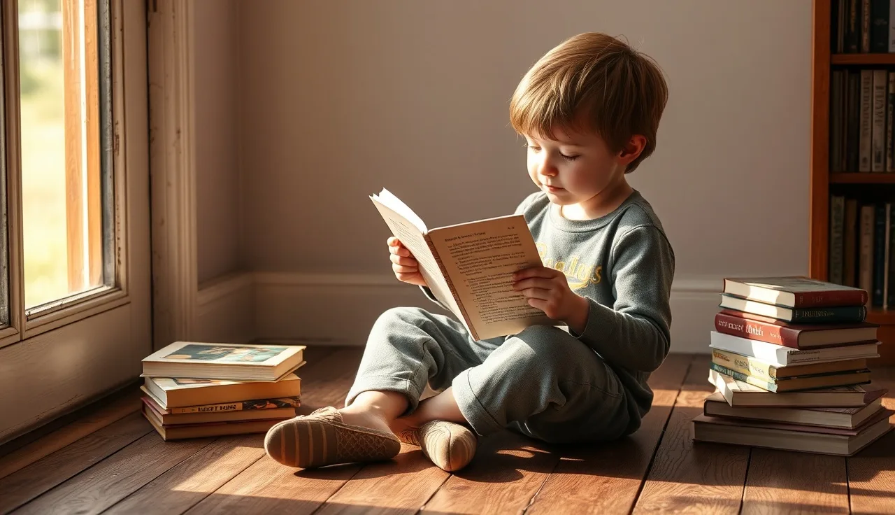 Child reading a small paperback book in warm afternoon window light